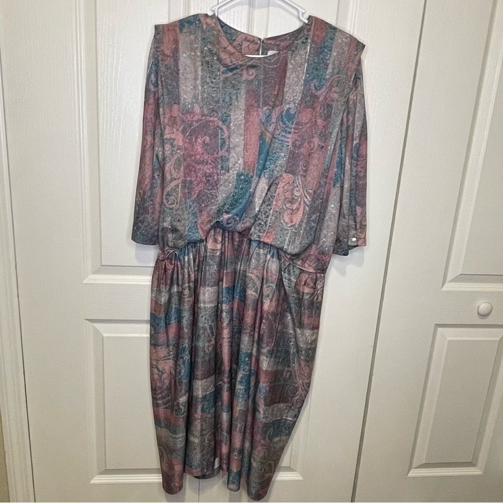 Vintage M.C.S. ltd Blouson Floral Dress Gray Mauve Blue Size 22.5